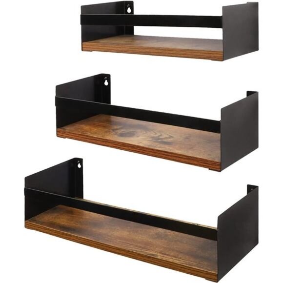 Black Floating Shelves for Wall Set of 3, Industrial Thick Wall Shelf Rack with